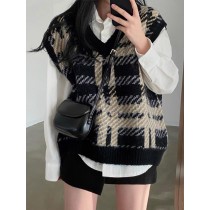 韓國秋季V領格紋拼色毛衣背心+白色襯衫套裝